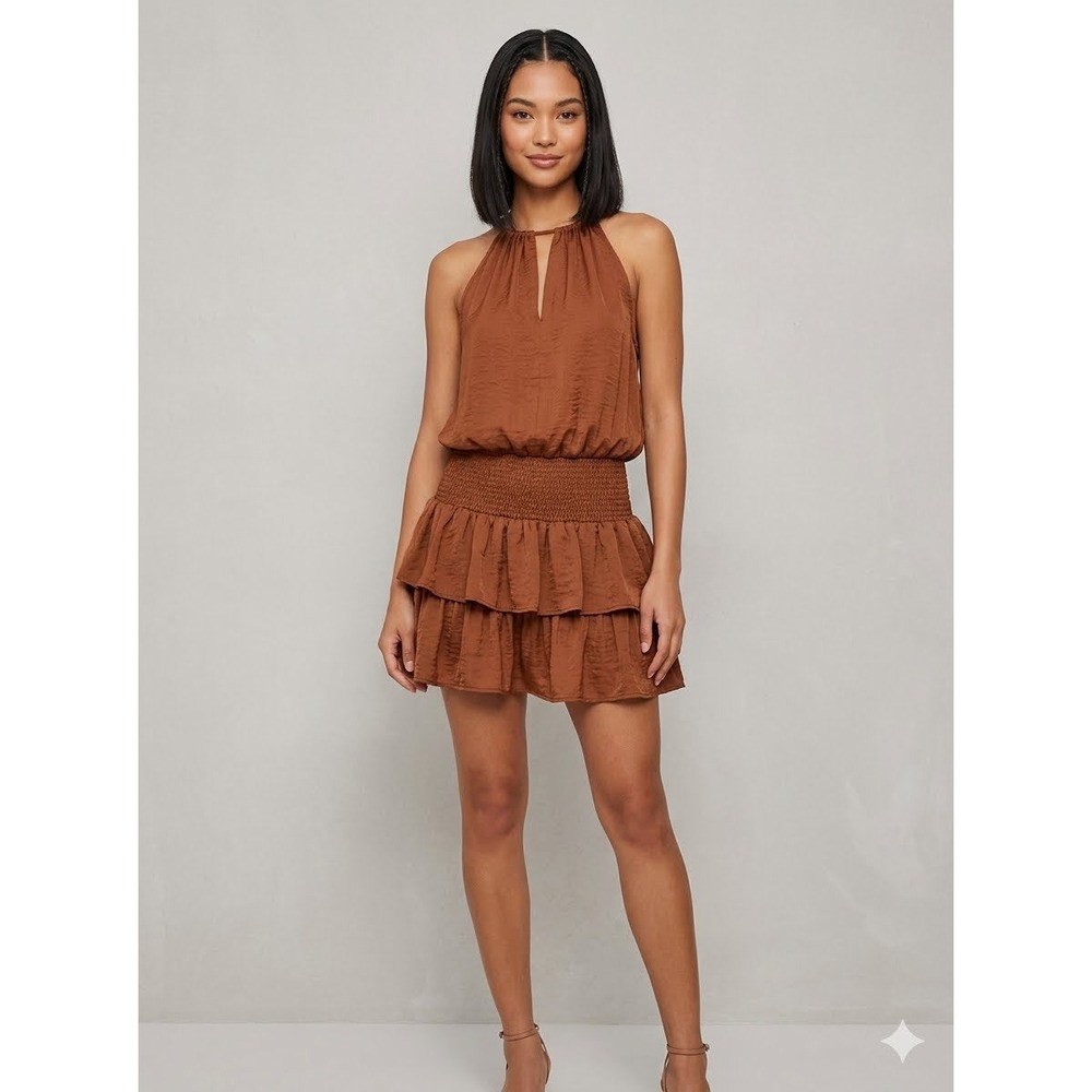 Muche & Muchette Waltz Tiered Ruffles Dress Brown Halter Smocked Mini One Size